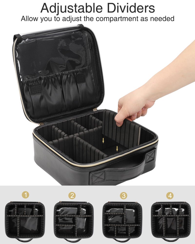 Relavel Makeup Bag  Travel Cosmetic Train Case Organizer Portable Artist Storage Bag with Adjustable Dividers for Cosmetics Makeup Brushes Toiletry Jewelry Digital Accessories Quilted Leather Black - Image 2